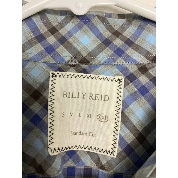 Billy Reid Shirt Plaid Blue Button Long Sleeve Standard Fit Cotton Italy XXL 2XL - Picture 10 of 12